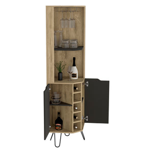 English Elm Corner Bar Cabinet Leverkusen Aged Oak/Black - Corner Wine Storage with Six Cubbies, Cup Rack & Shelves Durable Design (41x22") B092S00069