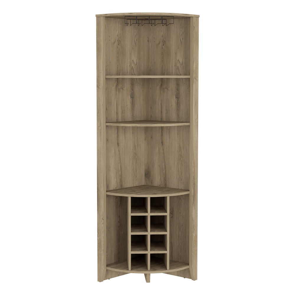 English Elm Corner Bar Cabinet Castle Aged Oak Corner Wine Storage with Cup Rack, 8 Cubbies, Shelves, Durable 디자인 B092S00037