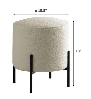English Elm Beige Round Upholstered Ottoman with Faux Sheepskin, Thick Welt Trim & Matte Black Metal Base — Boho Chic Seat B062P145506