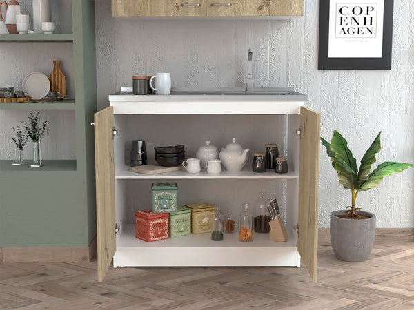 English Elm Utility Sink Cabinet Freestanding Stainless Steel Basin White Farmhouse Storage B092S00033