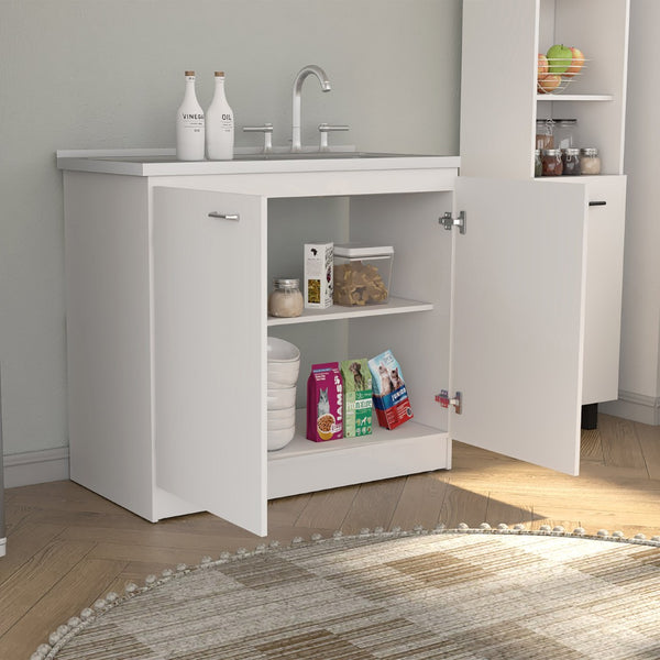 English Elm Utility Sink Cabinet Freestanding Stainless Steel Basin White Farmhouse Storage B092S00093