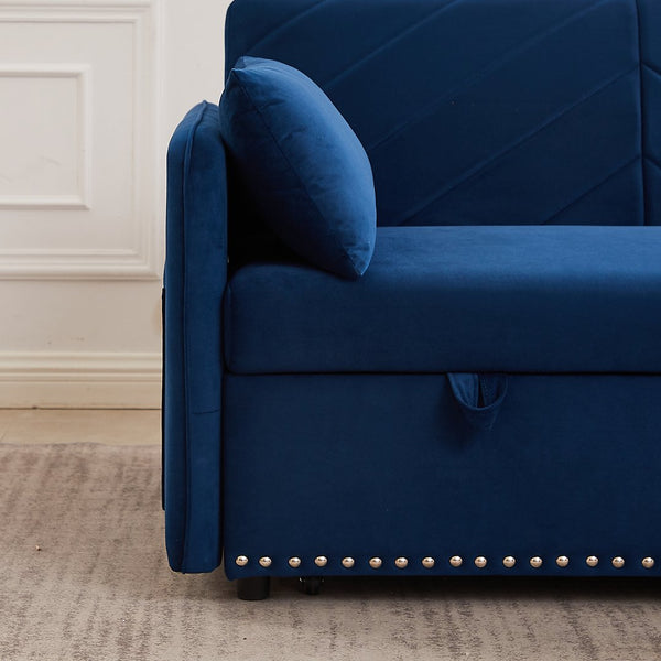 English Elm MH" Velvet Sleeper Sofa Bed with USB Port, 3‑in‑1 Pull-Out Convertible Couch, Removable Pocket Pillows Blue W1193137591