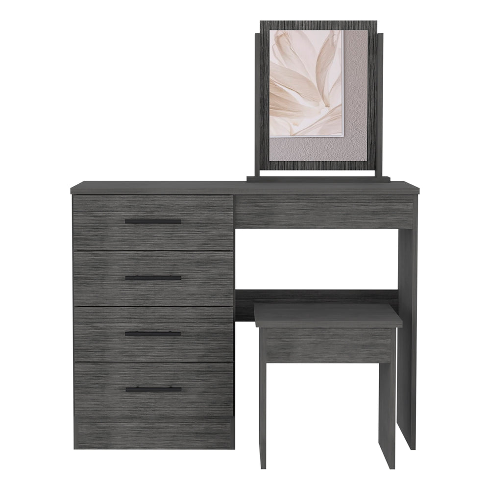 English Elm Makeup Roxx Dressing Table in Smokey Oak Gray with Mirror, Stool & 4 Drawers — Durable Particleboard B092S00119