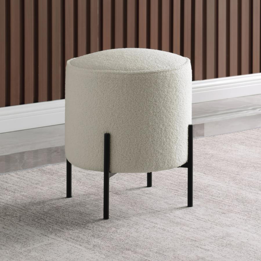 English Elm Beige Round Upholstered Ottoman with Faux Sheepskin, Thick Welt Trim & Matte Black Metal Base — Boho Chic Seat B062P145506