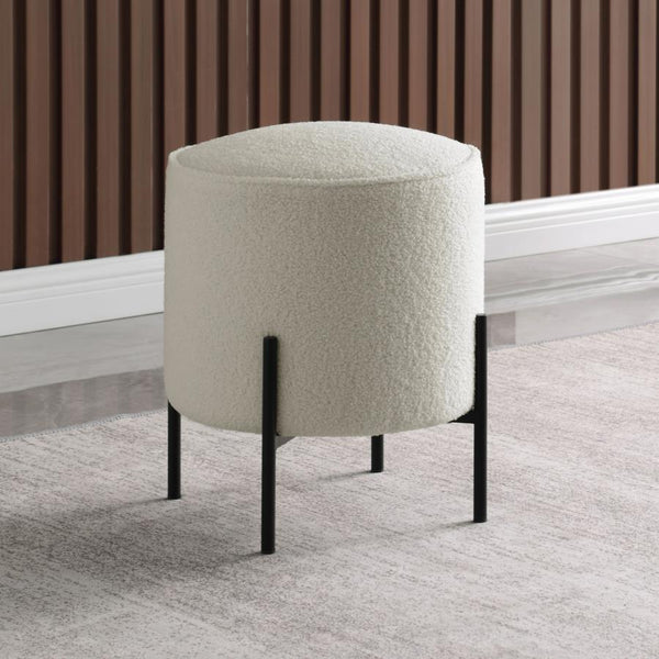 English Elm Beige Round Upholstered Ottoman with Faux Sheepskin, Thick Welt Trim & Matte Black Metal Base — Boho Chic Seat B062P145506