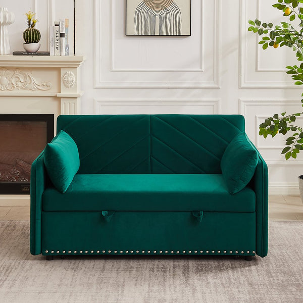English Elm MH" Velvet Sleeper Sofa Bed with USB Port, 3‑in‑1 Pull-Out Convertible Couch, Removable Pocket Pillows Green W1193137590