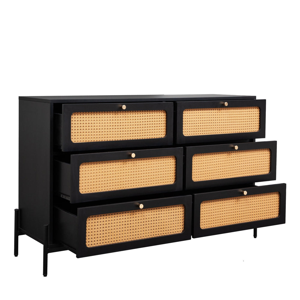 English Elm Rattan 6-Drawer Dresser with Rattan Doors & Gold Handles, Water-Resistant MDF, Spacious Storage W1321132577