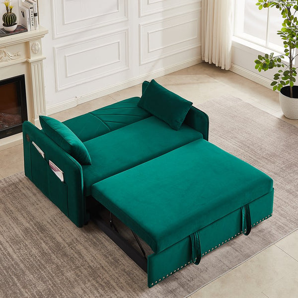 English Elm MH" Velvet Sleeper Sofa Bed with USB Port, 3‑in‑1 Pull-Out Convertible Couch, Removable Pocket Pillows Green W1193137590