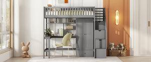 English Elm Twin Loft Bed with Integrated Desk Wardrobe Bookshelf and Storage for Kids Rooms Gray LT100668AAE