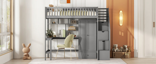 English Elm Twin Loft Bed with Integrated Desk Wardrobe Bookshelf and Storage for Kids Rooms Gray LT100668AAE