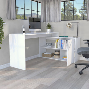 English Elm L-Shaped Desk Desti White Corner Office Workstation with Cabinet & Open Shelves, Durable Particleboard B092S00053