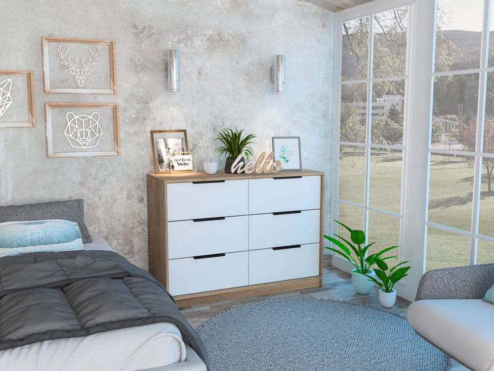 English Elm 4 Drawer Double Dresser Maryland Pine/White Multicolor - Modern 4-Drawer Chest w/ Full-Extension Rails, Cabinets B092S00075