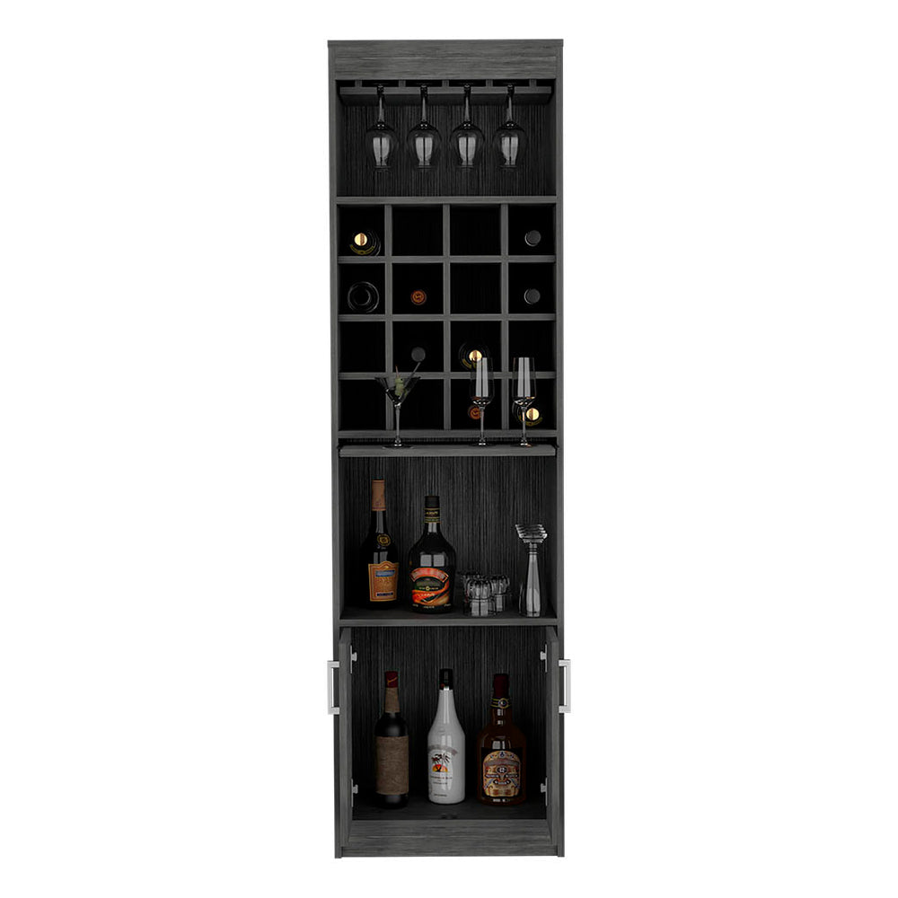 English Elm Bar Cabinet Modoc Smokey Oak Gray – 16 Cubbies, 12-Glass Rack, Retractable Prep Tray, 71.1"H B092S00083
