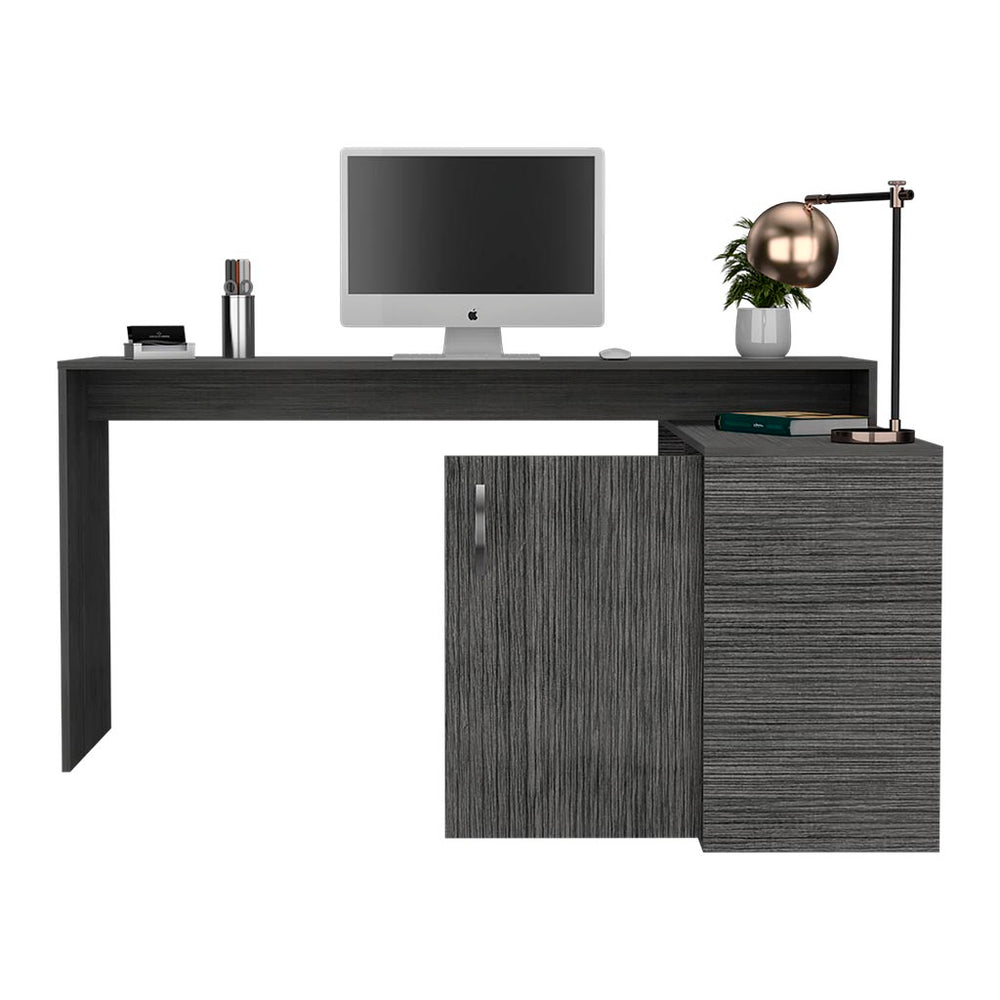 English Elm L-Shaped Corner Desk Desti Smokey Oak Gray – Spacious 59.6"W Workstation, Cabinet & Open Shelves, Durable Particleboard B092S00052