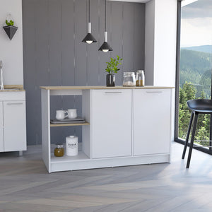 English Elm Kitchen Island Padua White/Light Oak with 59" Countertop, Open Shelves & Double-Door Cabinet Storage — Durable Design B092S00098