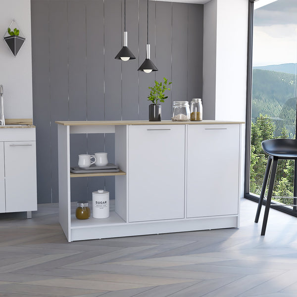 English Elm Kitchen Island Padua White/Light Oak with 59" Countertop, Open Shelves & Double-Door Cabinet Storage — Durable Design B092S00098
