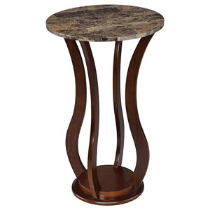 English Elm Brown Round Accent Table Wavy Pedestal Faux Marble Top Rubberwood Plant Stand 28.5"H Stylish Decor B062P145501