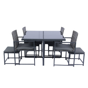 English Elm 9 Patio Dining Set - Space-Saving Rattan Outdoor 9-Piece with Glass Top, Grey Wicker & Cushions W329S00041