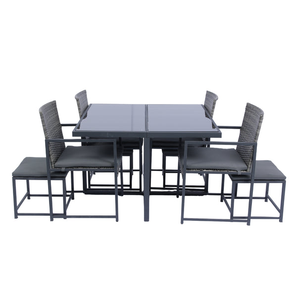 English Elm 9 Patio Dining Set - Space-Saving Rattan Outdoor 9-Piece with Glass Top, Grey Wicker & Cushions W329S00041