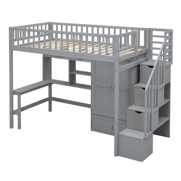 English Elm Twin Loft Bed with Integrated Desk Wardrobe Bookshelf and Storage for Kids Rooms Gray LT100668AAE