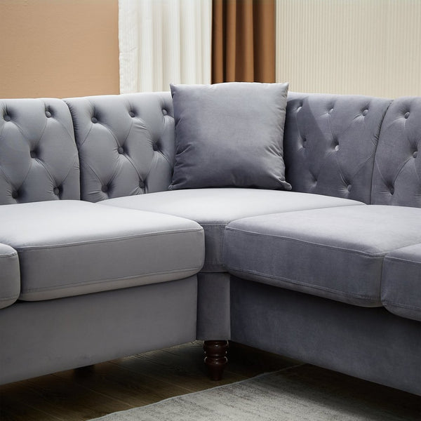 English Elm 83.5-inch L-shaped Sectional Sofa Five Seat Corner Couch with Chesterfield Inspired Style Gray W834S00602