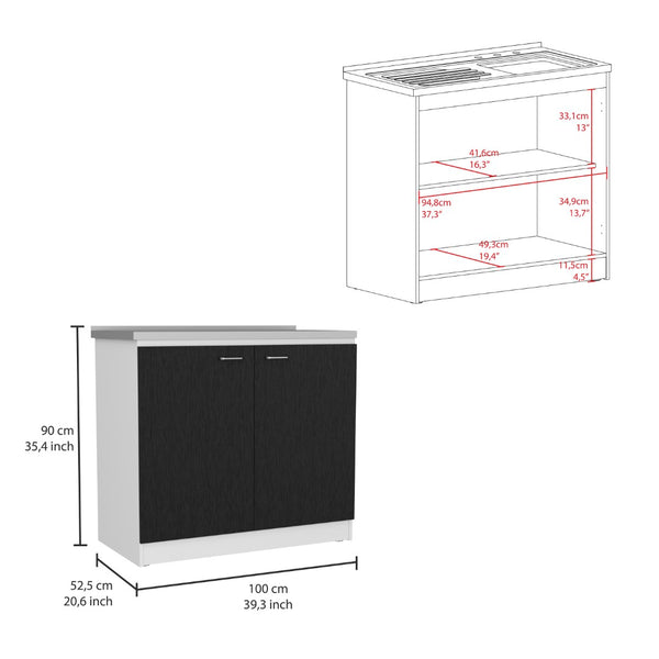 English Elm Utility Sink Cabinet Freestanding Stainless Steel Basin White Farmhouse Storage B092S00094