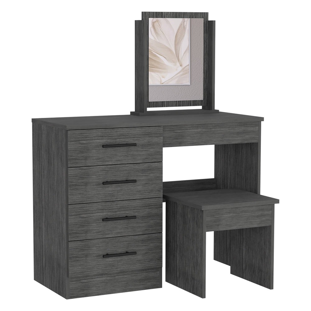 English Elm Makeup Roxx Dressing Table in Smokey Oak Gray with Mirror, Stool & 4 Drawers — Durable Particleboard B092S00119