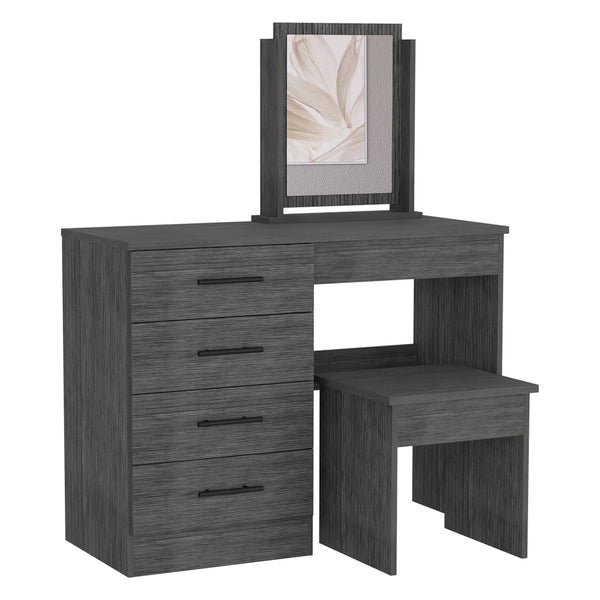 English Elm Makeup Roxx Dressing Table in Smokey Oak Gray with Mirror, Stool & 4 Drawers — Durable Particleboard B092S00119