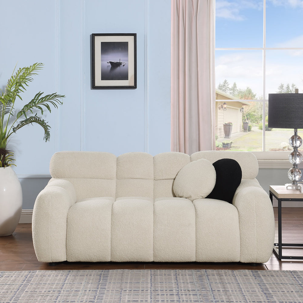 English Elm 64.96 Plush Beige Bouclé 2-Seater Marshmallow Sofa for Small Spaces | Curved Modern Compact Comfort W1099S00090