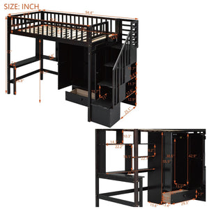 English Elm Twin Loft Bed with Integrated Desk Wardrobe Bookshelf and Storage for Kids Rooms Espresso LT100668AAP