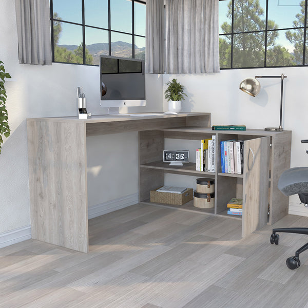 English Elm L-Shaped Desk Desti Light Gray - Durable Particle Board Office Corner Desk with Cabinet & Shelves, Spacious B092S00050
