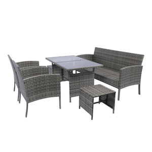 English Elm 6 Piece Patio Wicker Sectional Set with Space-Saving Nesting Design, Steel Frame, Tempered Glass Table and Weatherproof Cushions Grey W329S00042