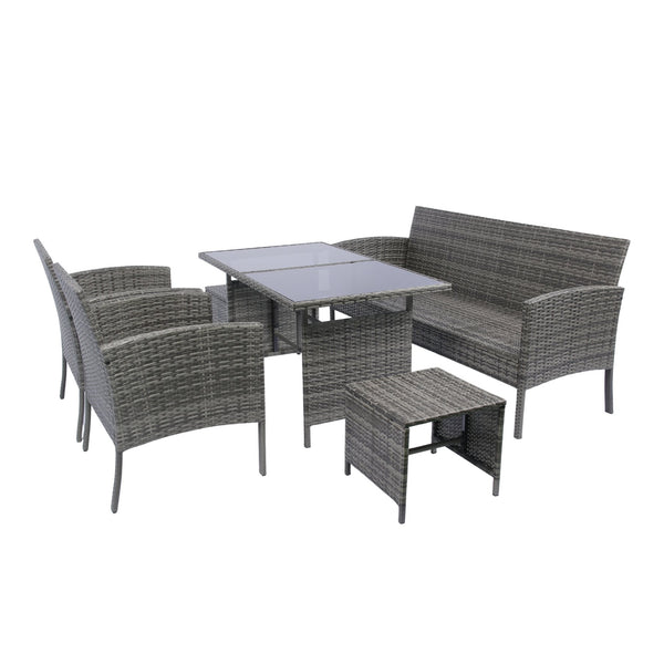 English Elm 6 Piece Patio Wicker Sectional Set with Space-Saving Nesting Design, Steel Frame, Tempered Glass Table and Weatherproof Cushions Grey W329S00042