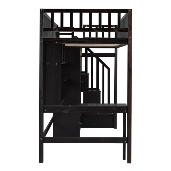 English Elm Twin Loft Bed with Integrated Desk Wardrobe Bookshelf and Storage for Kids Rooms Espresso LT100668AAP