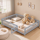 Full Size Floor Platform Bed with Fence and Door For Kids, Montessori Floor Bed Frame with Support Slats For Toddlers, Wooden Floor Bed Grey