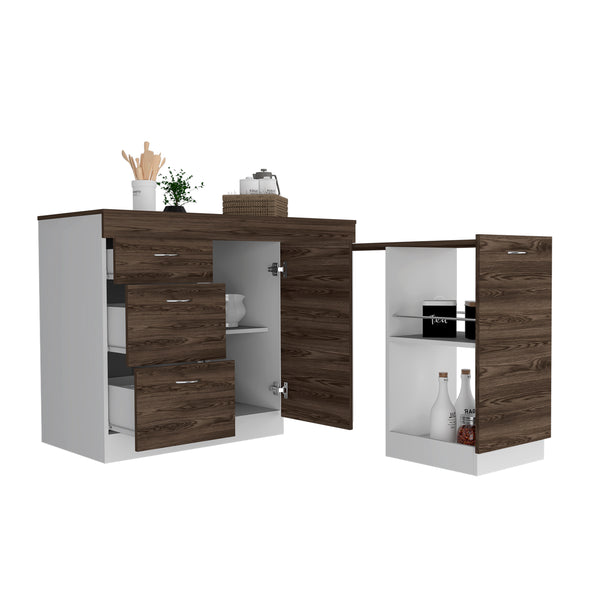 English Elm Kitchen Island Metask White & Dark Walnut with 3 Drawers, Flexible Cabinet, Durable Particleboard Countertop 90" B092S00080