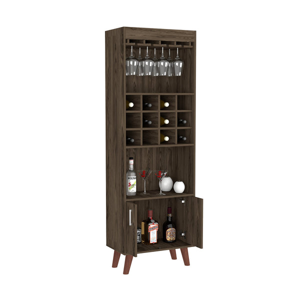 English Elm Bar Cabinet Bull Dark Walnut - 12 Wine Cubbies, Two Shelves & Doors, Sturdy Particleboard, 26x20x8" B092S00031