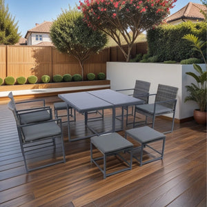 English Elm 9 Patio Dining Set - Space-Saving Rattan Outdoor 9-Piece with Glass Top, Grey Wicker & Cushions W329S00041