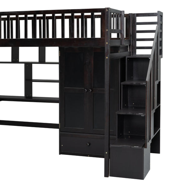 English Elm Twin Loft Bed with Integrated Desk Wardrobe Bookshelf and Storage for Kids Rooms Espresso LT100668AAP