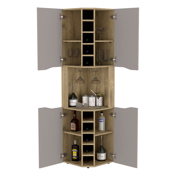 English Elm Corner Bar Cabinet Bell Aged Oak Taupe – 10 Wine Cubbies, Cup Rack, Spacious Top Shelf, 4 Cabinets, Durable Finish B092S00021