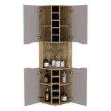 Corner Bar Cabinet Bell, Aged Oak/Taupe, Wine Storage, Cup Rack, 4 Cabinets