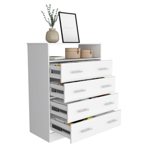 English Elm Four Drawer Dresser Wuju White - Durable Particle Board, 4 Spacious Drawers, Open Shelf, Metal Hardware, 47"L x 21"W B092S00111
