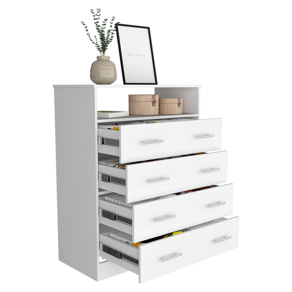 English Elm Four Drawer Dresser Wuju White - Durable Particle Board, 4 Spacious Drawers, Open Shelf, Metal Hardware, 47"L x 21"W B092S00111