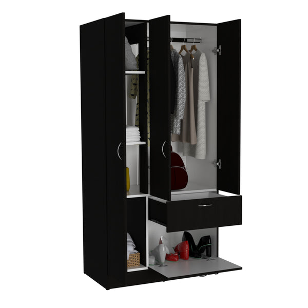 English Elm Armoire Cobra Modern White & Black Bedroom Wardrobe with Hanging Rod, Drawer & Pull-Down Cabinet B092S00041