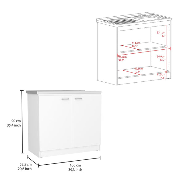 English Elm Utility Sink Cabinet Freestanding Stainless Steel Basin White Farmhouse Storage B092S00093