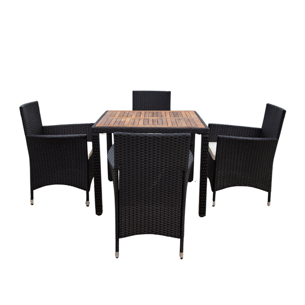 English Elm Eelifee 5-Piece Outdoor Wicker Dining Set With Acacia Wood Top & Plush Crème Cushions For Comfort W329S00039