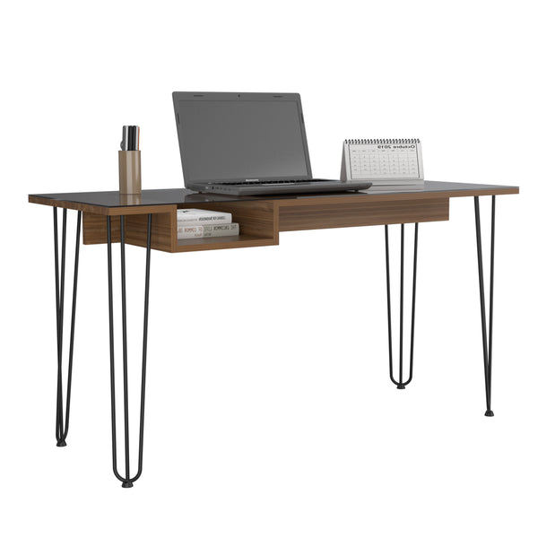 English Elm Desk Rolo140 Mahogany Industrial Office Desk with Glass Top, Metal Legs, Shelf — Durable Particleboard Design B092S00116
