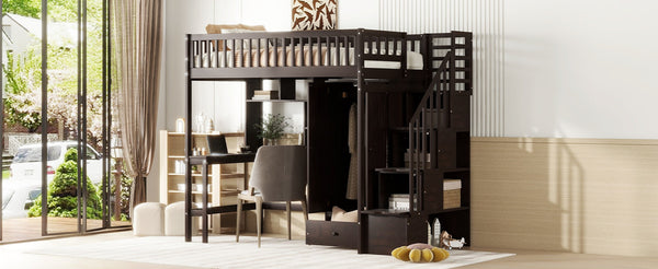English Elm Twin Loft Bed with Integrated Desk Wardrobe Bookshelf and Storage for Kids Rooms Espresso LT100668AAP