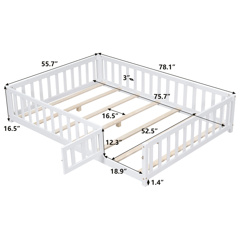 English Elm Full Full Size Floor Platform Bed with Safety Fence and Door, Montessori Toddler Frame with Slats, Sturdy Pine Construction for Secure Sleep and Playtime White 77.76 L x 17.52 W x 6.3 H W1716132147