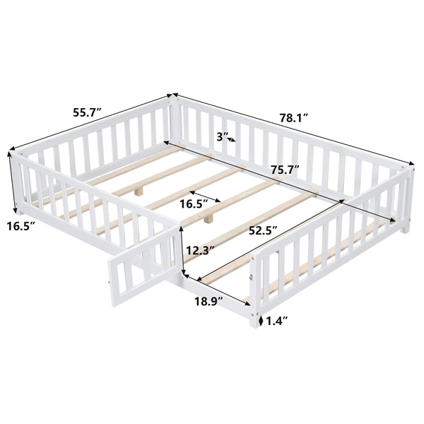 English Elm Full Full Size Floor Platform Bed with Safety Fence and Door, Montessori Toddler Frame with Slats, Sturdy Pine Construction for Secure Sleep and Playtime White 77.76 L x 17.52 W x 6.3 H W1716132147